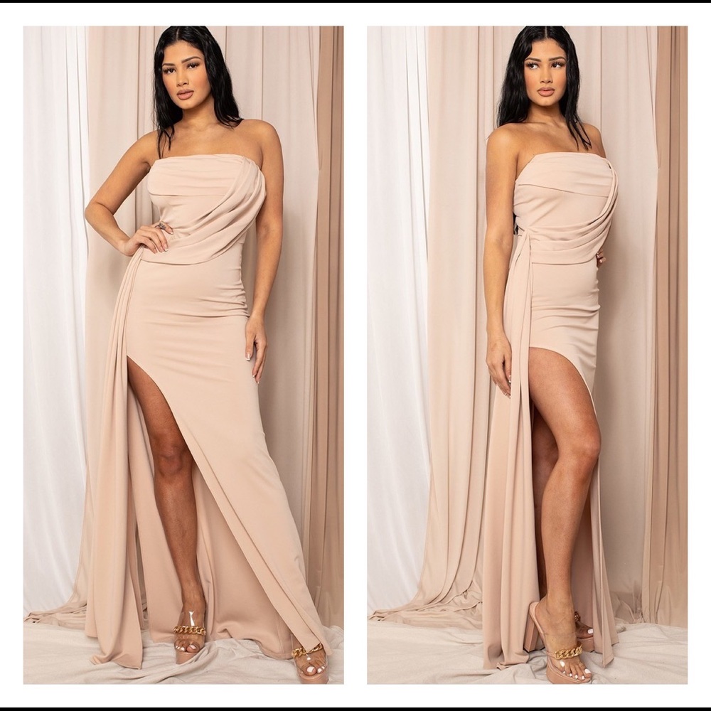 Cream Strapless Front Drape Maxi Special Occasion Floor Length Gown NWT